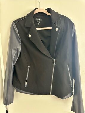 DKNY Black Moto Jacket with Faux Leather Sleeves